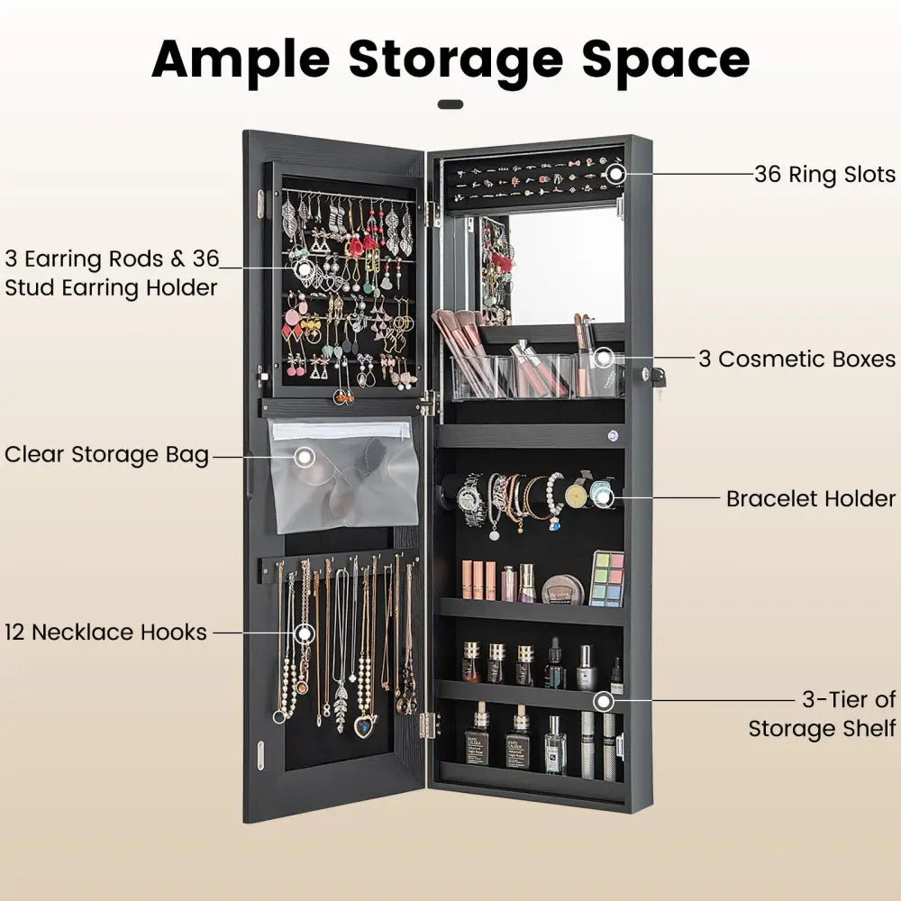 42.5 Inches Lockable Jewelry Mirror Wall Cabinet with 3-Color LED Lights-Black - Black - Jewelry Armoires