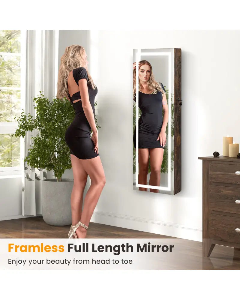 42.5 Inches Lockable Jewelry Mirror Wall Cabinet with 3-Color LED Lights-Rustic Brown - Rustic Brown - Jewelry Armoires