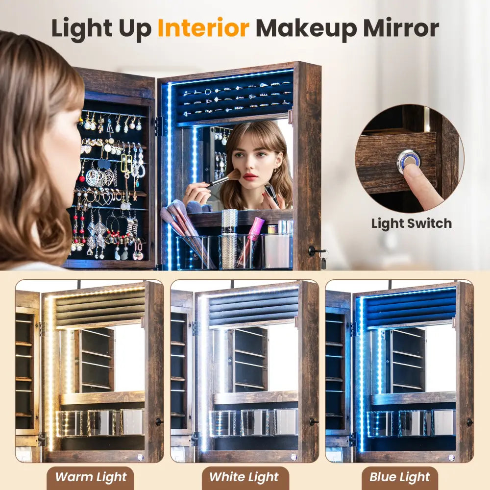 42.5 Inches Lockable Jewelry Mirror Wall Cabinet with 3-Color LED Lights-Rustic Brown - Rustic Brown - Jewelry Armoires