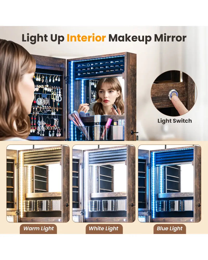 42.5 Inches Lockable Jewelry Mirror Wall Cabinet with 3-Color LED Lights-Rustic Brown - Rustic Brown - Jewelry Armoires
