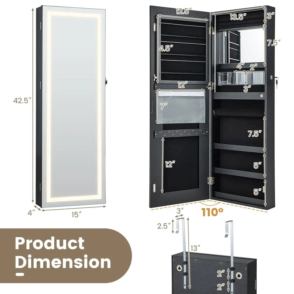 42.5 Inches Lockable Jewelry Mirror Wall Cabinet with 3-Color LED Lights-Black - Black - Jewelry Armoires