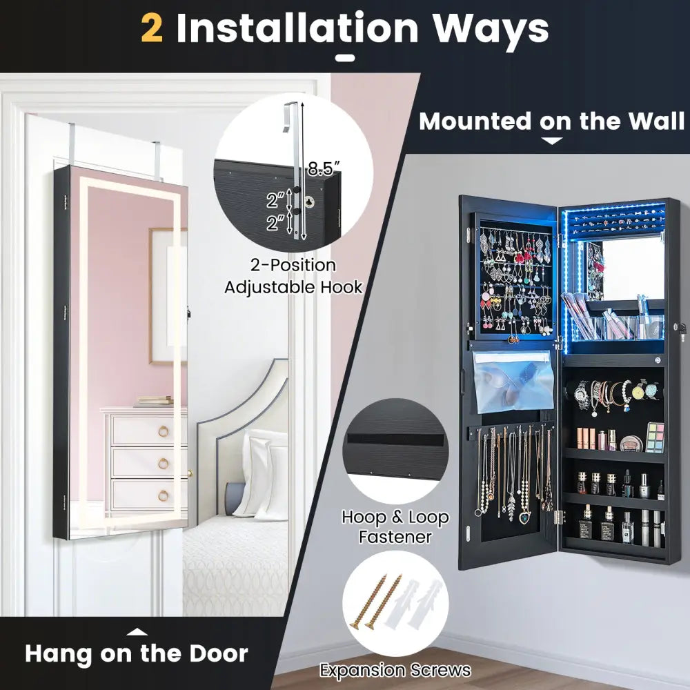 42.5 Inches Lockable Jewelry Mirror Wall Cabinet with 3-Color LED Lights-Black - Black - Jewelry Armoires