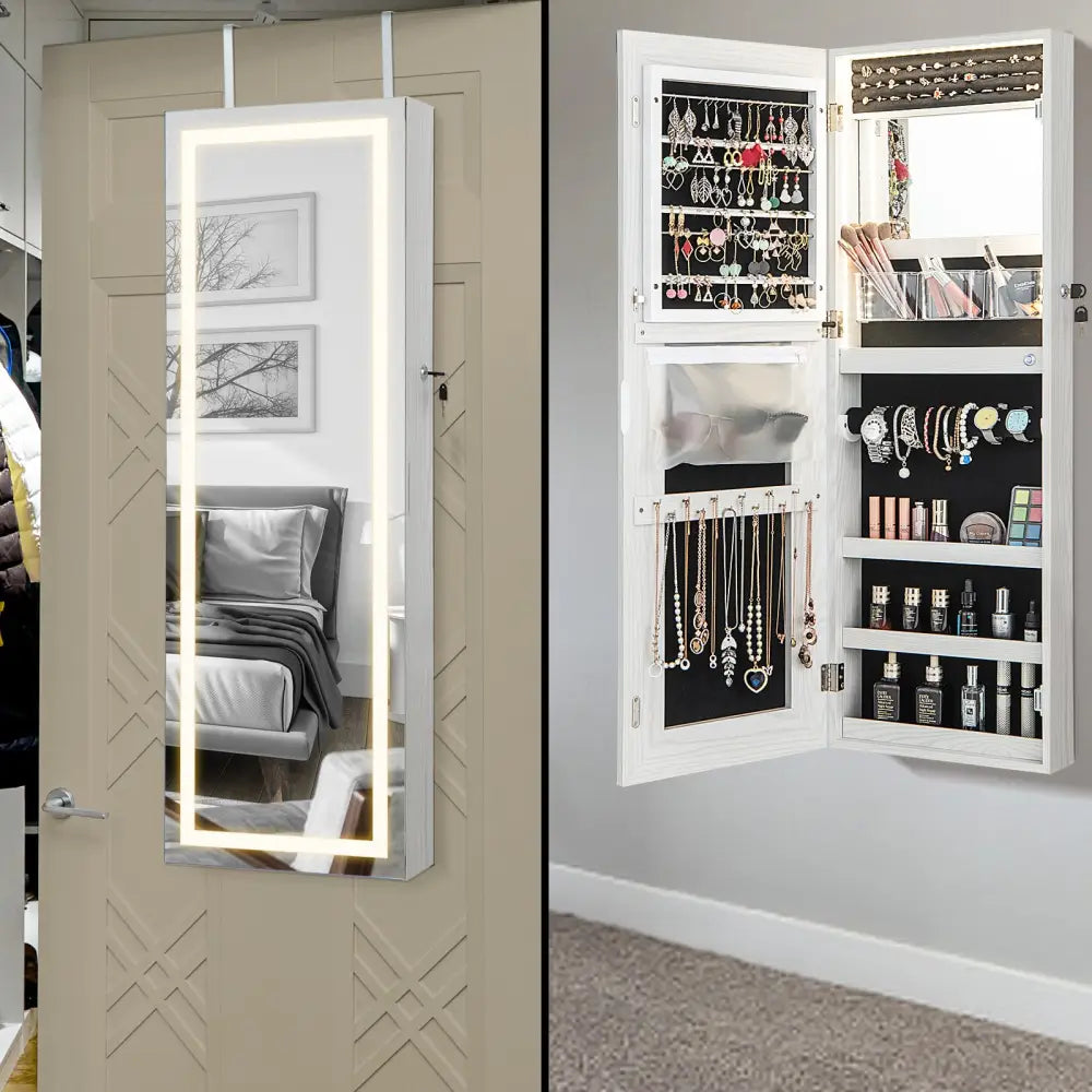 42.5 Inches Lockable Jewelry Mirror Wall Cabinet with 3-Color LED Lights-White - White - Jewelry Armoires