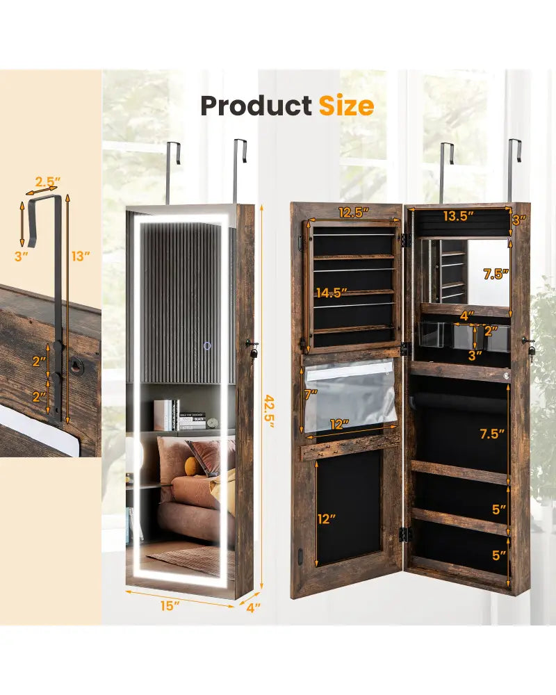 42.5 Inches Lockable Jewelry Mirror Wall Cabinet with 3-Color LED Lights-Rustic Brown - Rustic Brown - Jewelry Armoires
