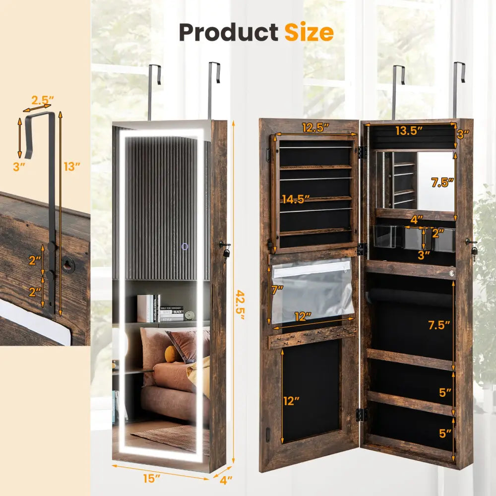 42.5 Inches Lockable Jewelry Mirror Wall Cabinet with 3-Color LED Lights-Rustic Brown - Rustic Brown - Jewelry Armoires