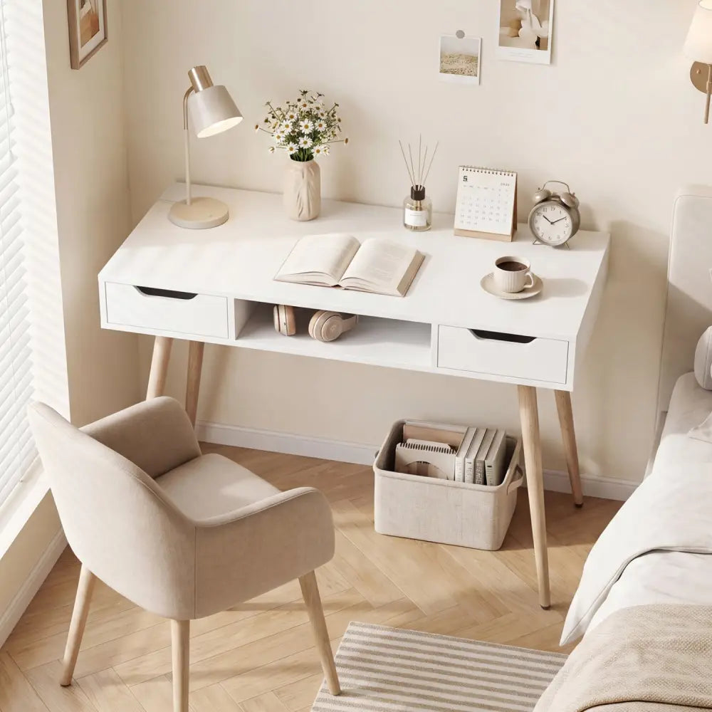 42.5’’ Mid Century Modern Writing Desk with Metal Leg and Drawers-White - White - Computer Desks