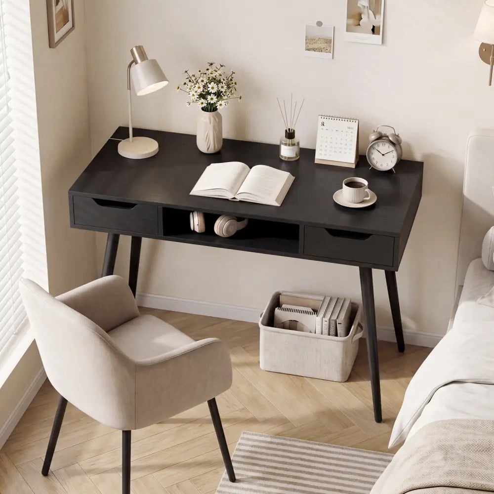 42.5’’ Mid Century Modern Writing Desk with Metal Leg and Drawers-Black - Black - Computer Desks