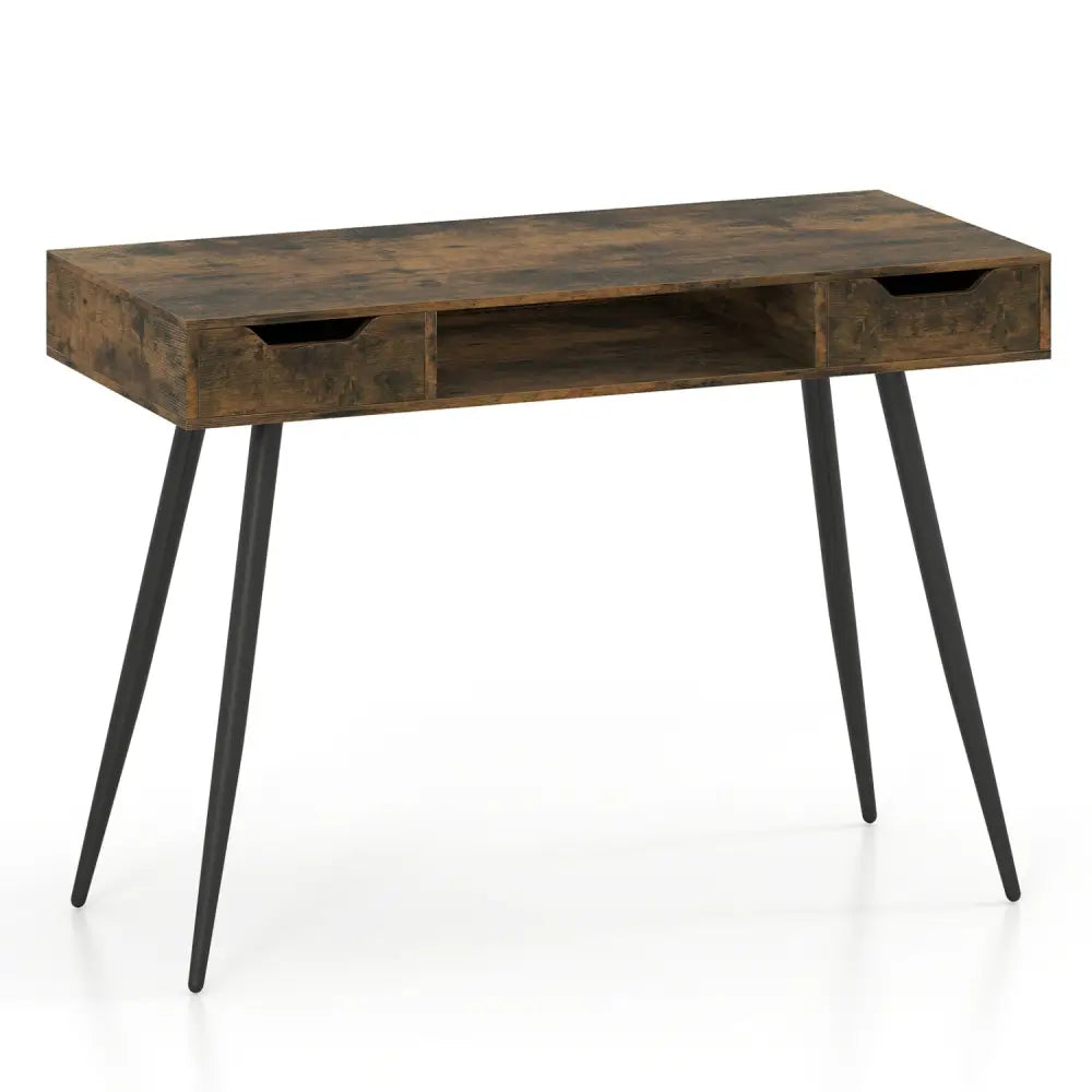 42.5’’ Mid Century Modern Writing Desk with Metal Leg and Drawers-Rustic Brown - Rustic Brown - Computer Desks