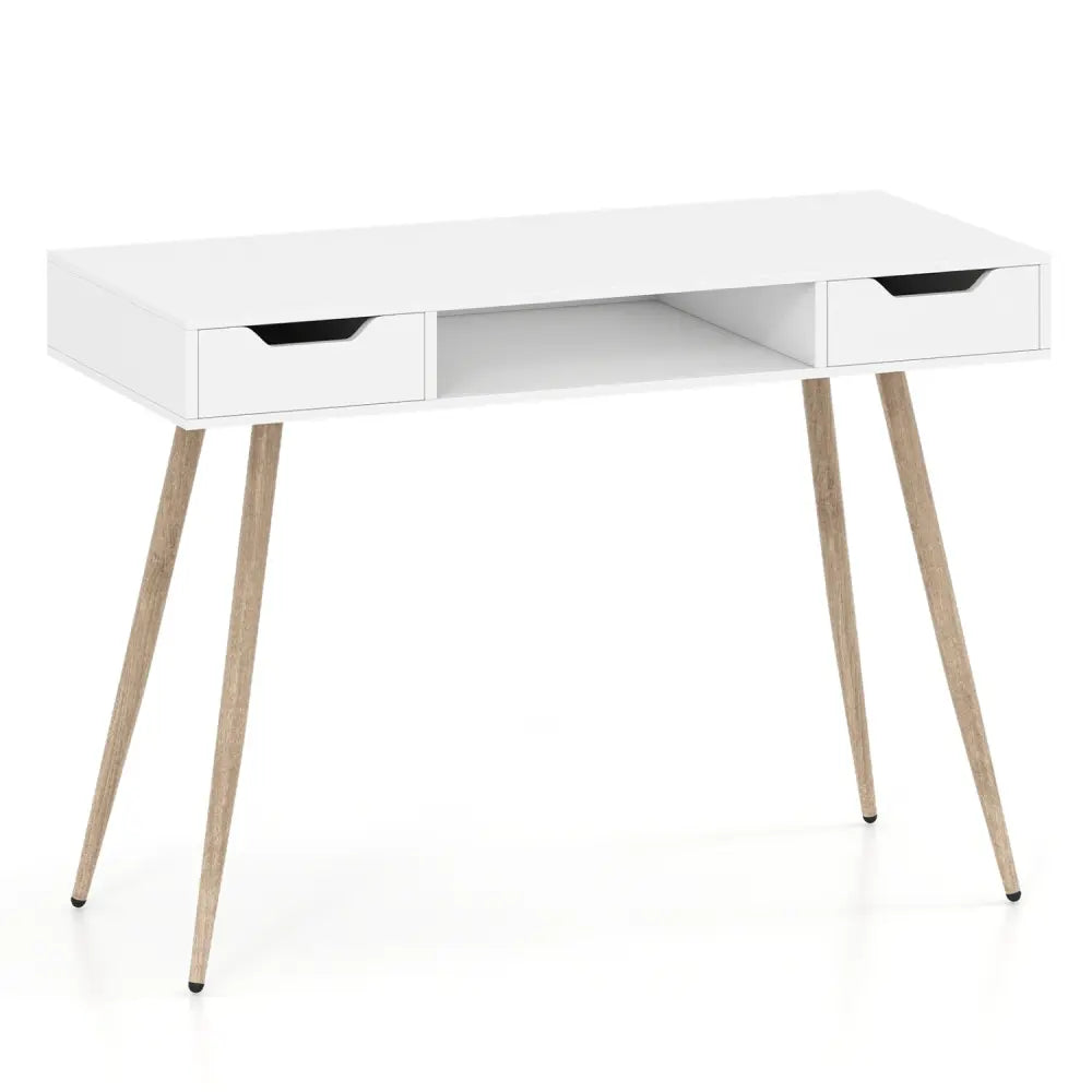 42.5’’ Mid Century Modern Writing Desk with Metal Leg and Drawers-White - White - Computer Desks
