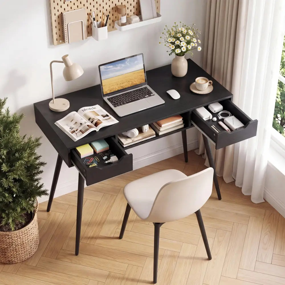 42.5’’ Mid Century Modern Writing Desk with Metal Leg and Drawers-Black - Black - Computer Desks