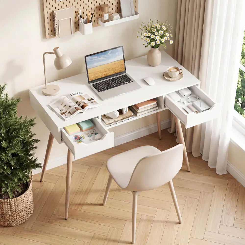 42.5’’ Mid Century Modern Writing Desk with Metal Leg and Drawers-White - White - Computer Desks