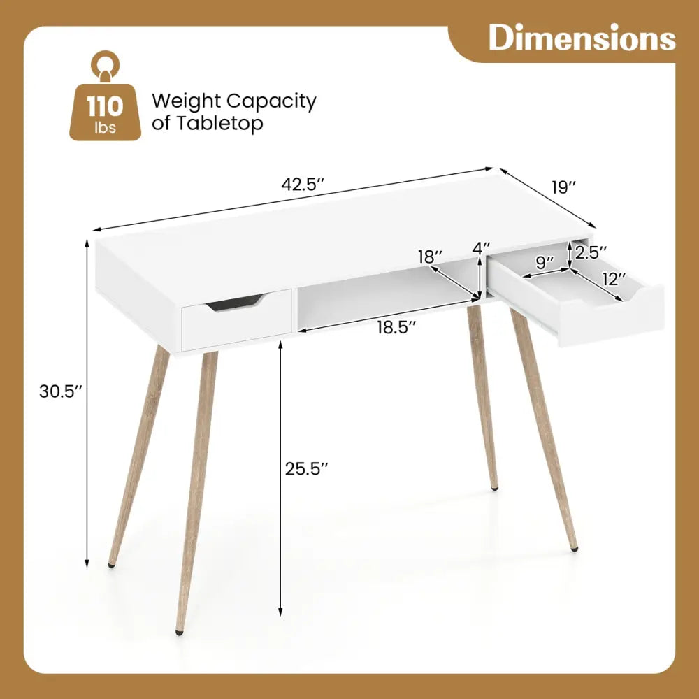 42.5’’ Mid Century Modern Writing Desk with Metal Leg and Drawers-White - White - Computer Desks