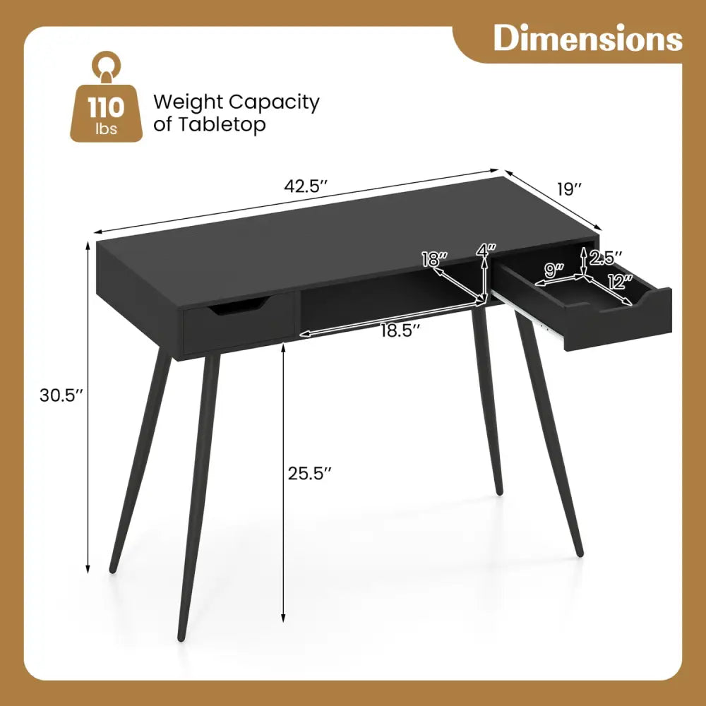 42.5’’ Mid Century Modern Writing Desk with Metal Leg and Drawers-Black - Black - Computer Desks