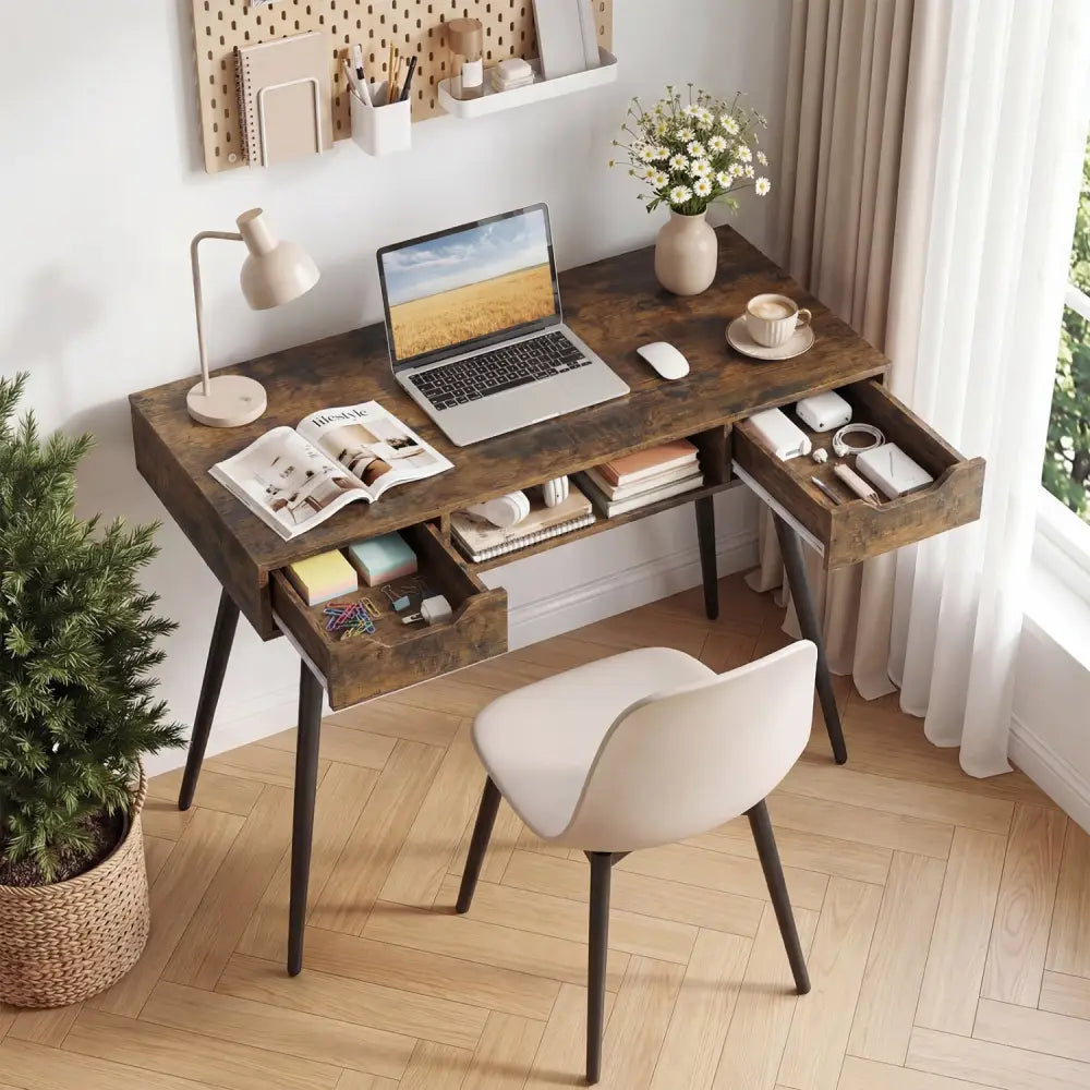 42.5’’ Mid Century Modern Writing Desk with Metal Leg and Drawers-Rustic Brown - Rustic Brown - Computer Desks