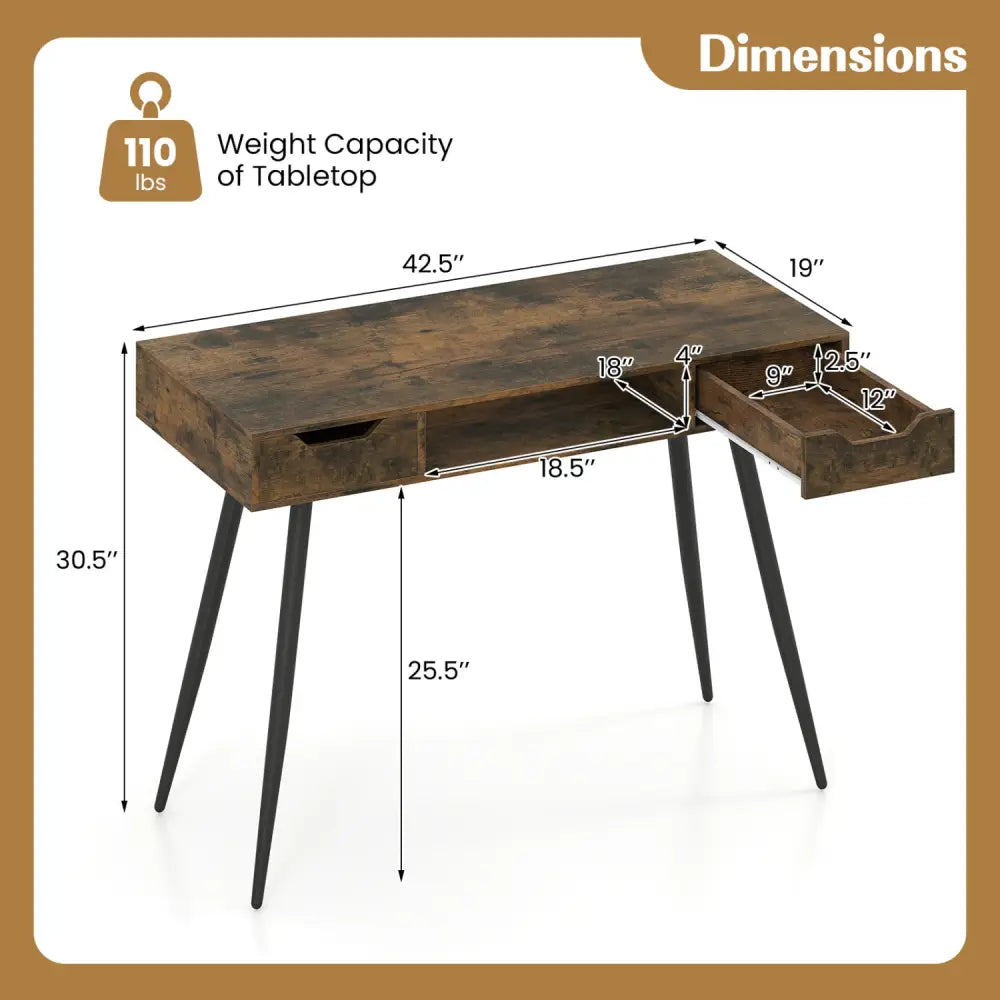 42.5’’ Mid Century Modern Writing Desk with Metal Leg and Drawers-Rustic Brown - Rustic Brown - Computer Desks