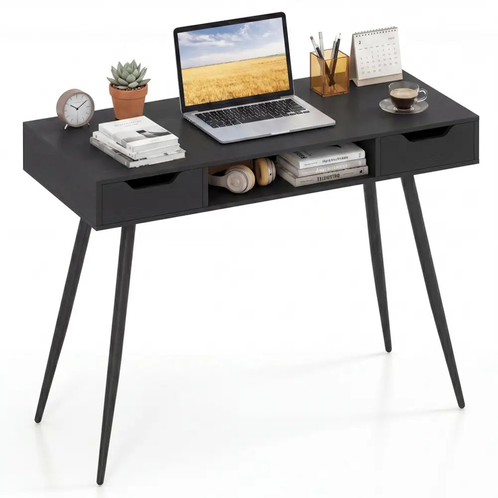 42.5’’ Mid Century Modern Writing Desk with Metal Leg and Drawers-Black - Black - Computer Desks