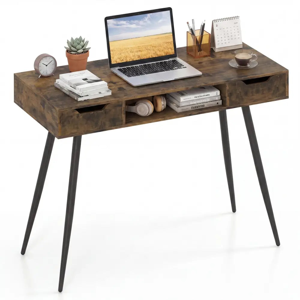42.5’’ Mid Century Modern Writing Desk with Metal Leg and Drawers-Rustic Brown - Rustic Brown - Computer Desks