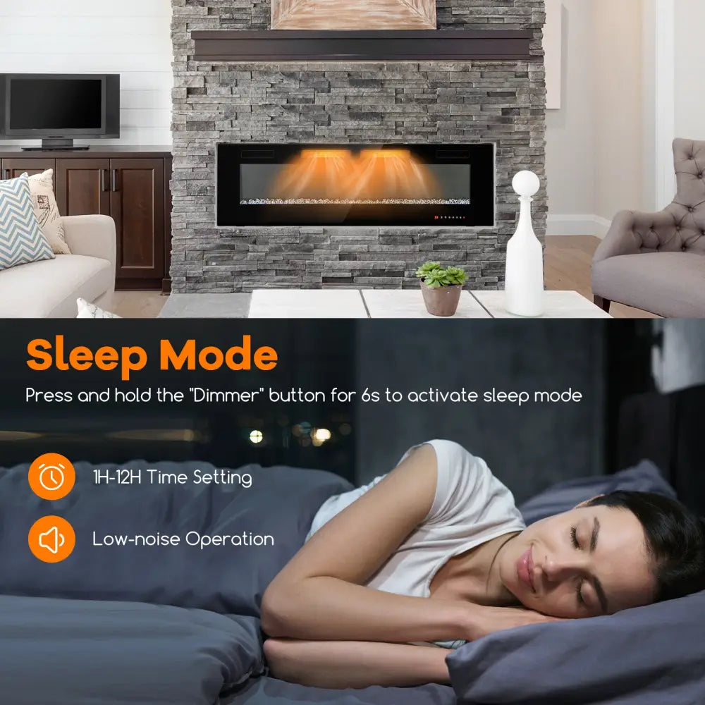 42/50/60/72 Inch Ultra-Thin Electric Fireplace with Decorative Crystals-60 inches - Black - Fireplaces