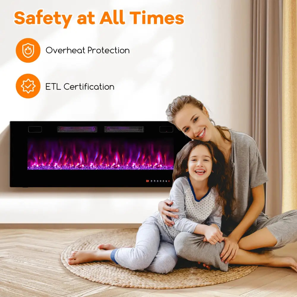 42/50/60/72 Inch Ultra-Thin Electric Fireplace with Decorative Crystals-50 inches - Black - Fireplaces