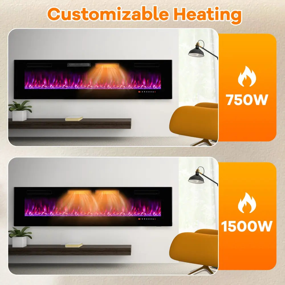 42/50/60/72 Inch Ultra-Thin Electric Fireplace with Decorative Crystals-72 inches - Black - Fireplaces