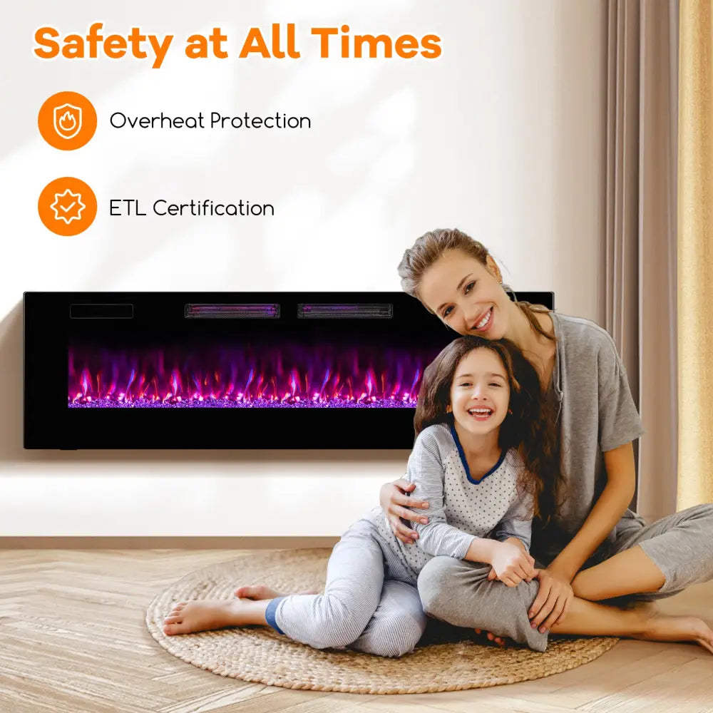 42/50/60/72 Inch Ultra-Thin Electric Fireplace with Decorative Crystals-60 inches - Black - Fireplaces