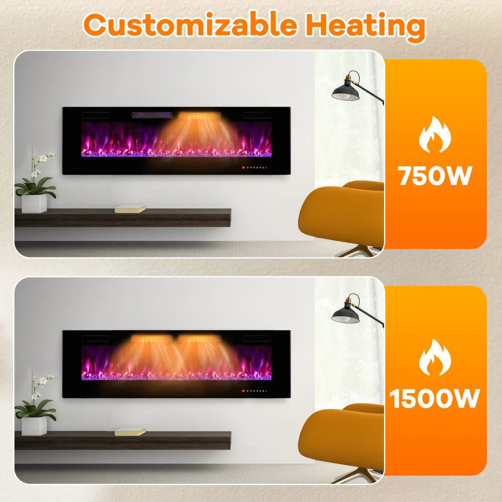 42/50/60/72 Inch Ultra-Thin Electric Fireplace with Decorative Crystals-60 inches - Black - Fireplaces