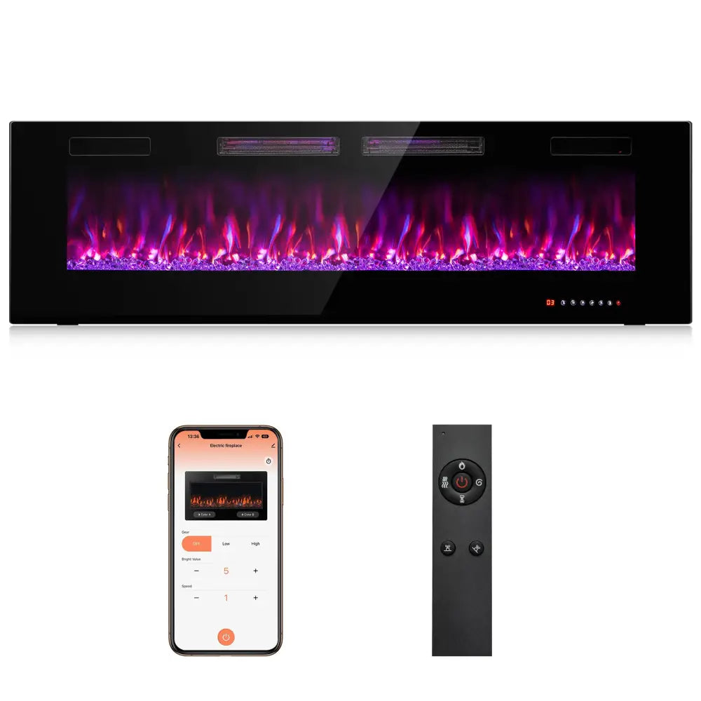 42/50/60/72 Inch Ultra-Thin Electric Fireplace with Decorative Crystals-60 inches - Black - Fireplaces