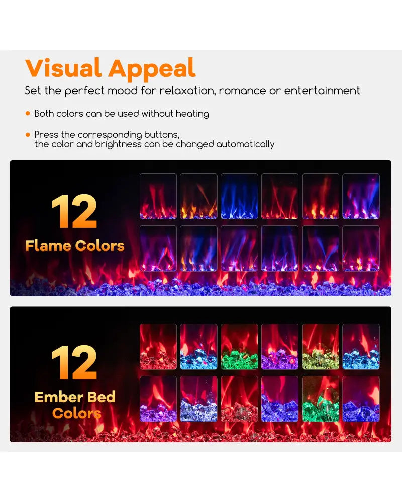 42/50/60/72 Inch Ultra-Thin Electric Fireplace with Decorative Crystals-50 inches - Black - Fireplaces