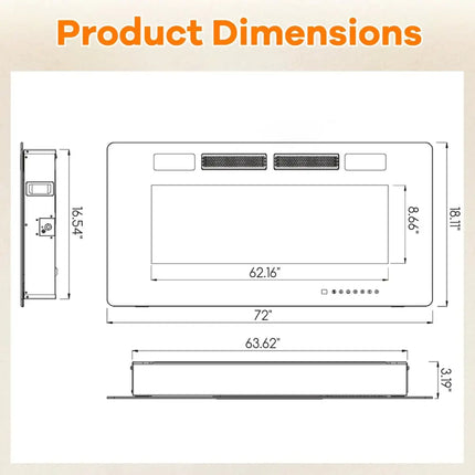 42/50/60/72 Inch Ultra-Thin Electric Fireplace with Decorative Crystals-72 inches Costway