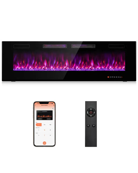 42/50/60/72 Inch Ultra-Thin Electric Fireplace with Decorative Crystals-60 inches - Black - Fireplaces