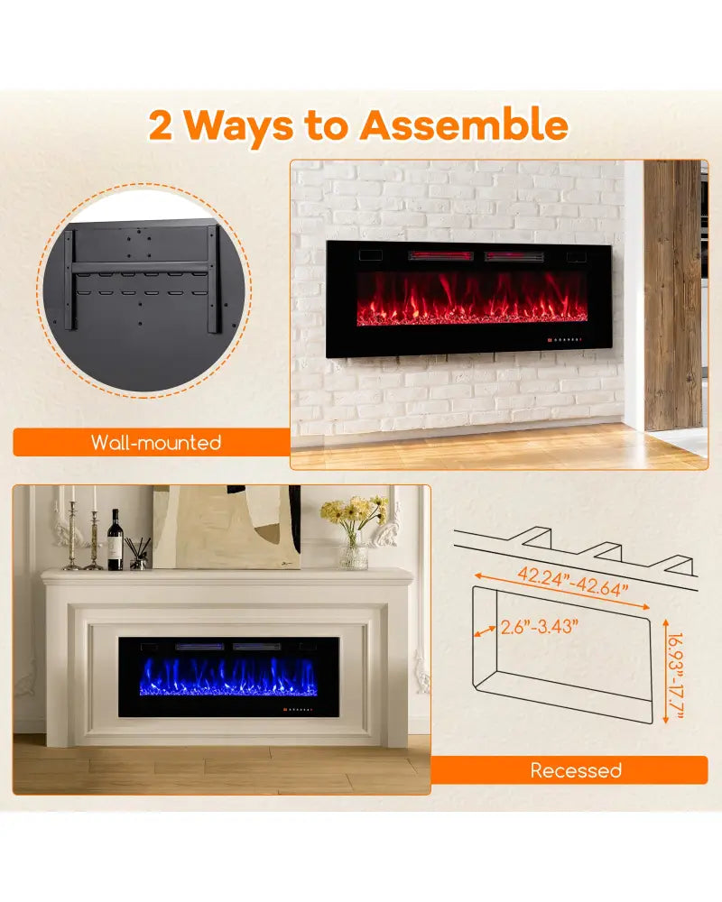 42/50/60/72 Inch Ultra-Thin Electric Fireplace with Decorative Crystals-50 inches - Black - Fireplaces