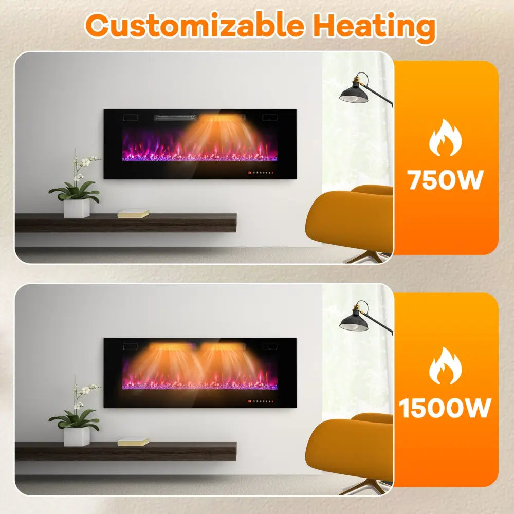 42/50/60/72 Inch Ultra-Thin Electric Fireplace with Decorative Crystals-50 inches - Black - Fireplaces