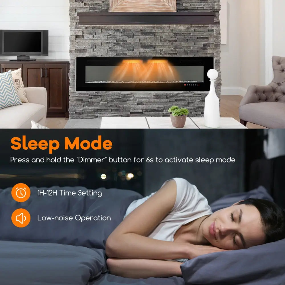 42/50/60/72 Inch Ultra-Thin Electric Fireplace with Decorative Crystals-72 inches - Black - Fireplaces