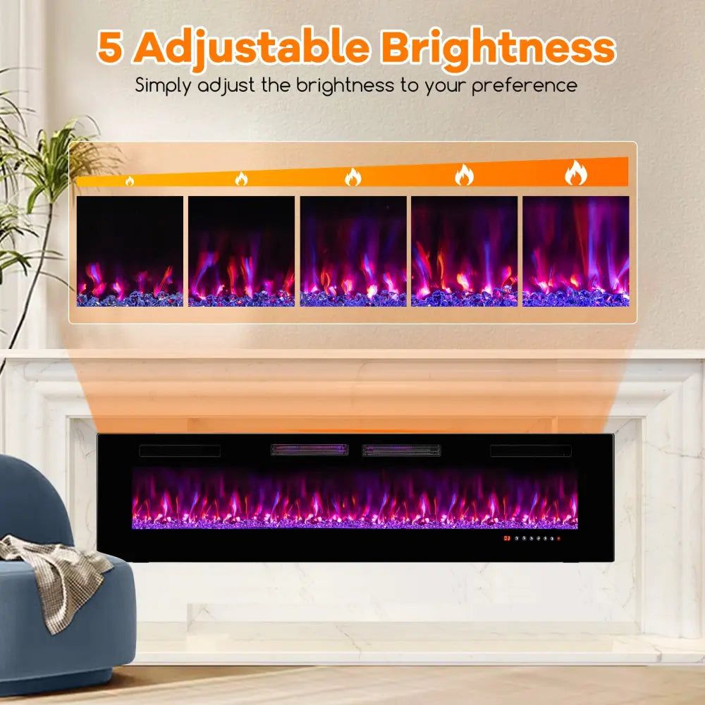 42/50/60/72 Inch Ultra-Thin Electric Fireplace with Decorative Crystals-72 inches - Black - Fireplaces