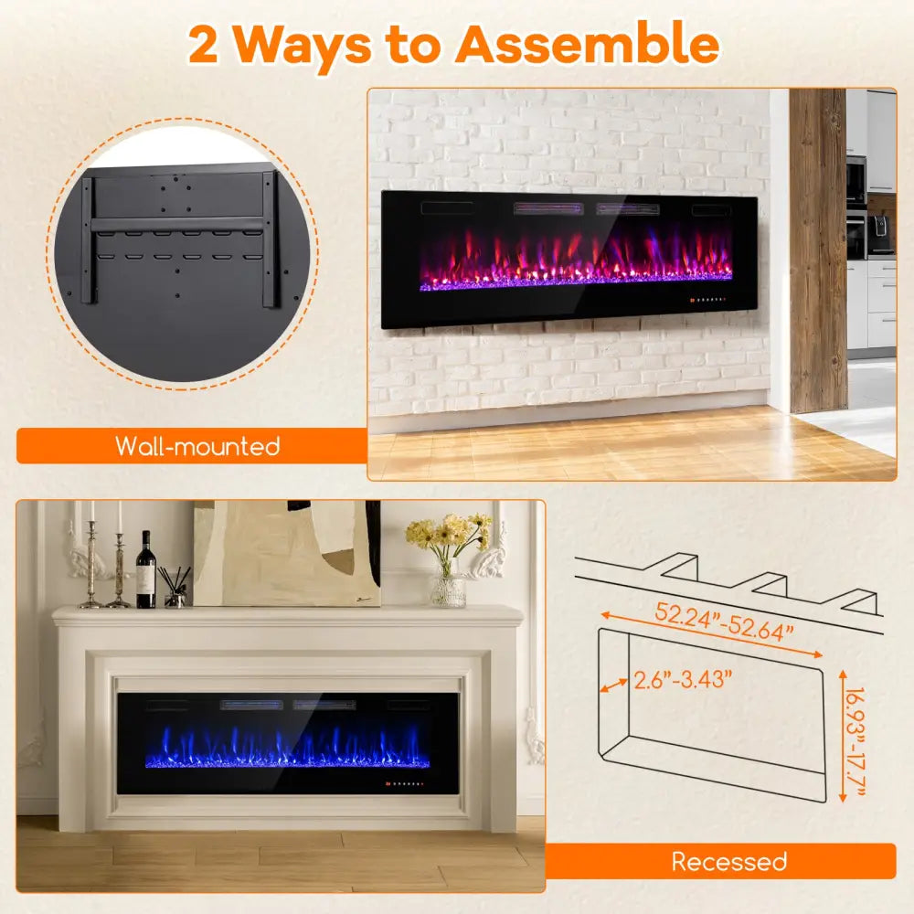42/50/60/72 Inch Ultra-Thin Electric Fireplace with Decorative Crystals-60 inches - Black - Fireplaces