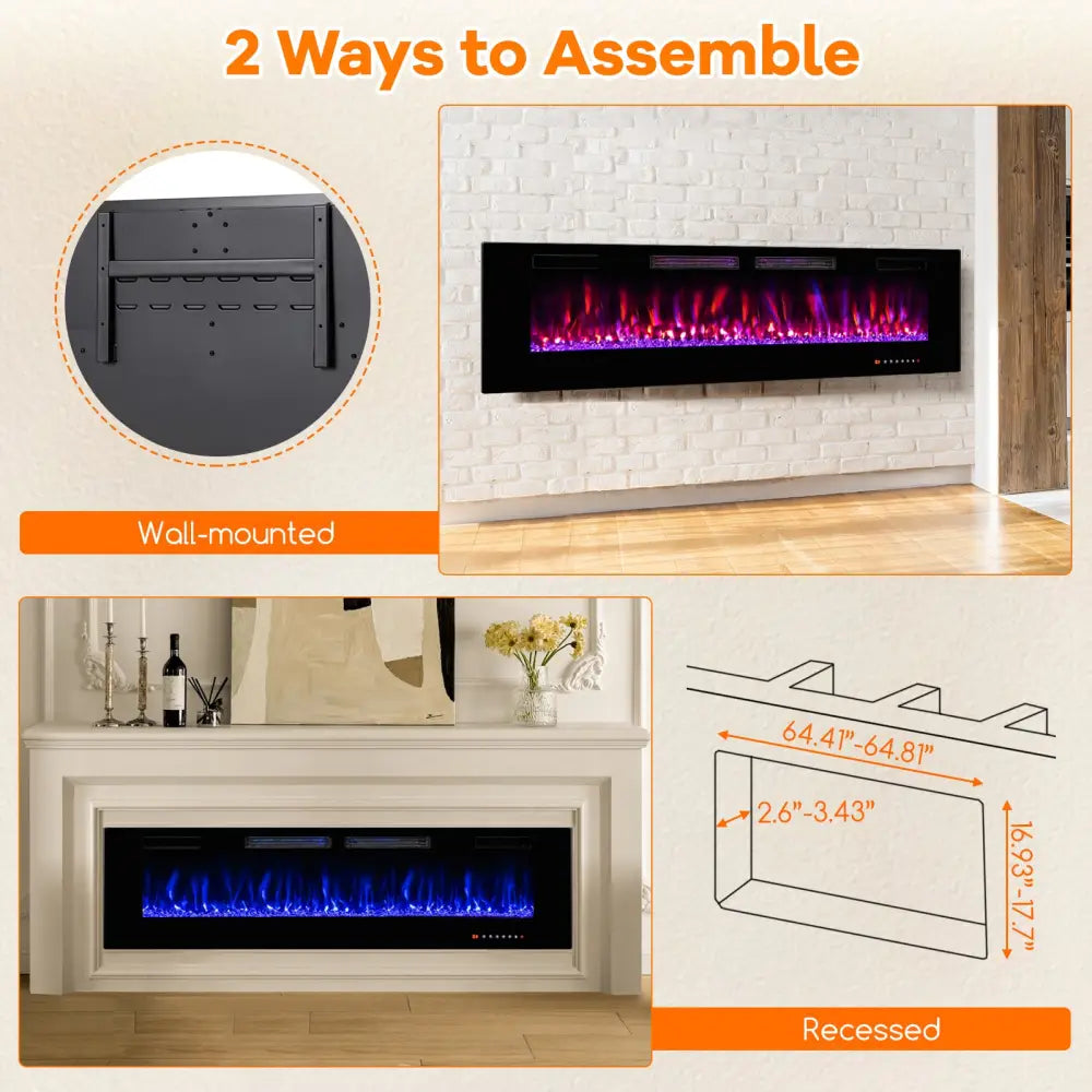 42/50/60/72 Inch Ultra-Thin Electric Fireplace with Decorative Crystals-72 inches - Black - Fireplaces