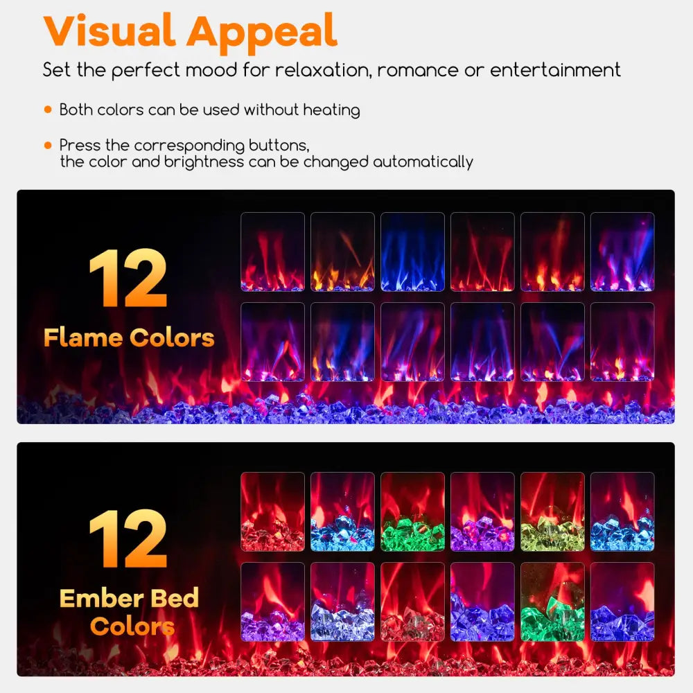 42/50/60/72 Inch Ultra-Thin Electric Fireplace with Decorative Crystals-50 inches - Black - Fireplaces