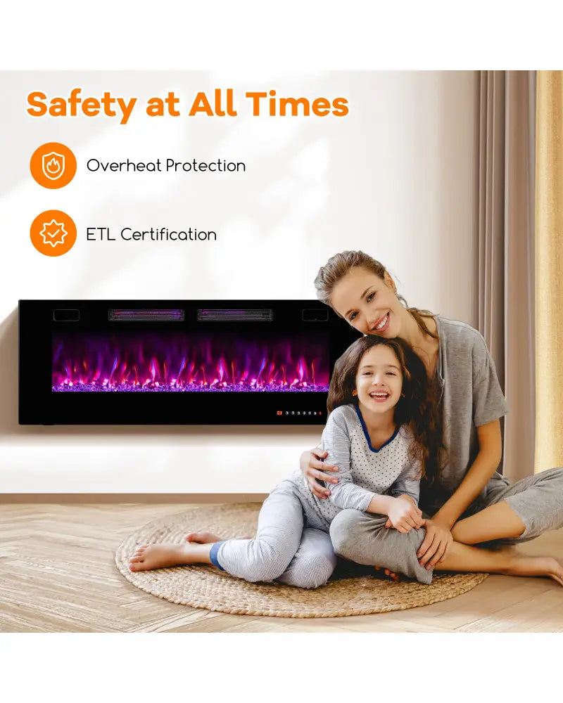 42/50/60/72 Inch Ultra-Thin Electric Fireplace with Decorative Crystals-50 inches - Black - Fireplaces
