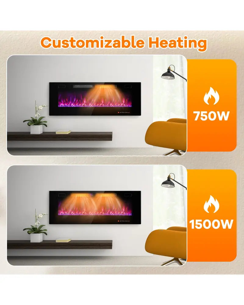 42/50/60/72 Inch Ultra-Thin Electric Fireplace with Decorative Crystals-50 inches - Black - Fireplaces