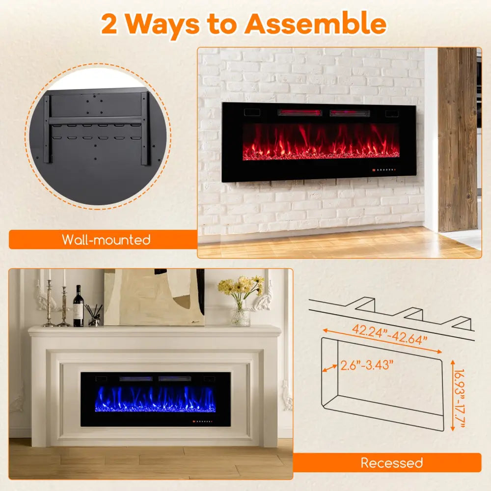 42/50/60/72 Inch Ultra-Thin Electric Fireplace with Decorative Crystals-50 inches - Black - Fireplaces