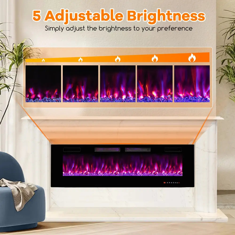 42/50/60/72 Inch Ultra-Thin Electric Fireplace with Decorative Crystals-60 inches - Black - Fireplaces
