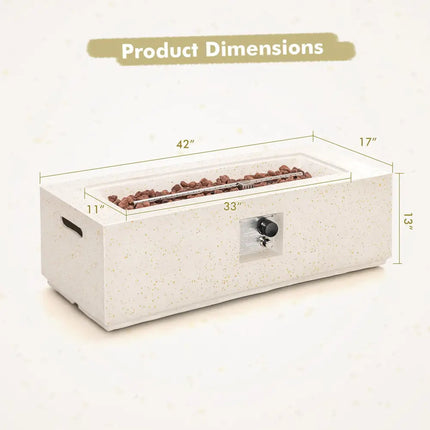 42 Inch 50 000 BTU Rectangle Terrazzo Fire Pit Table with PVC Cover-White - White - Fire Pit Tables