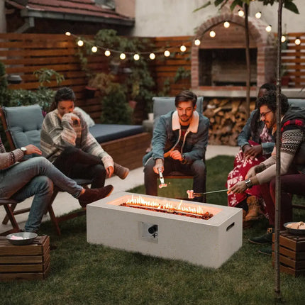 42 Inch 50 000 BTU Rectangle Terrazzo Fire Pit Table with PVC Cover-White - White - Fire Pit Tables