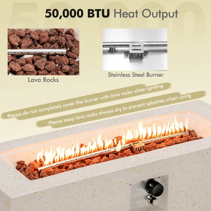 42 Inch 50 000 BTU Rectangle Terrazzo Fire Pit Table with PVC Cover-White - White - Fire Pit Tables