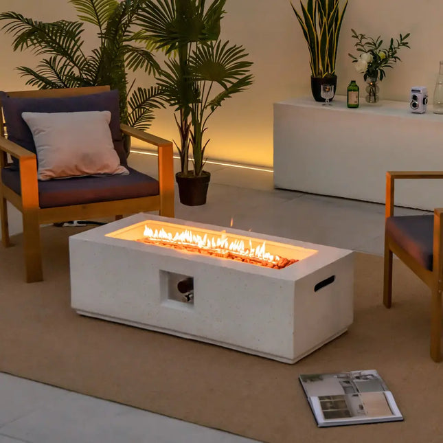 42 Inch 50 000 BTU Rectangle Terrazzo Fire Pit Table with PVC Cover-White - White - Fire Pit Tables