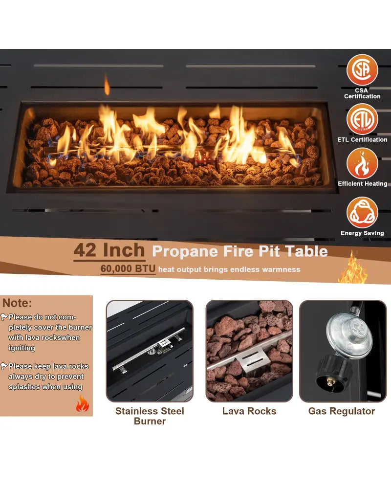 42 Inch 60 000 BTU Rectangular Propane Fire Pit Table with Waterproof Cover - Fire Pit Tables