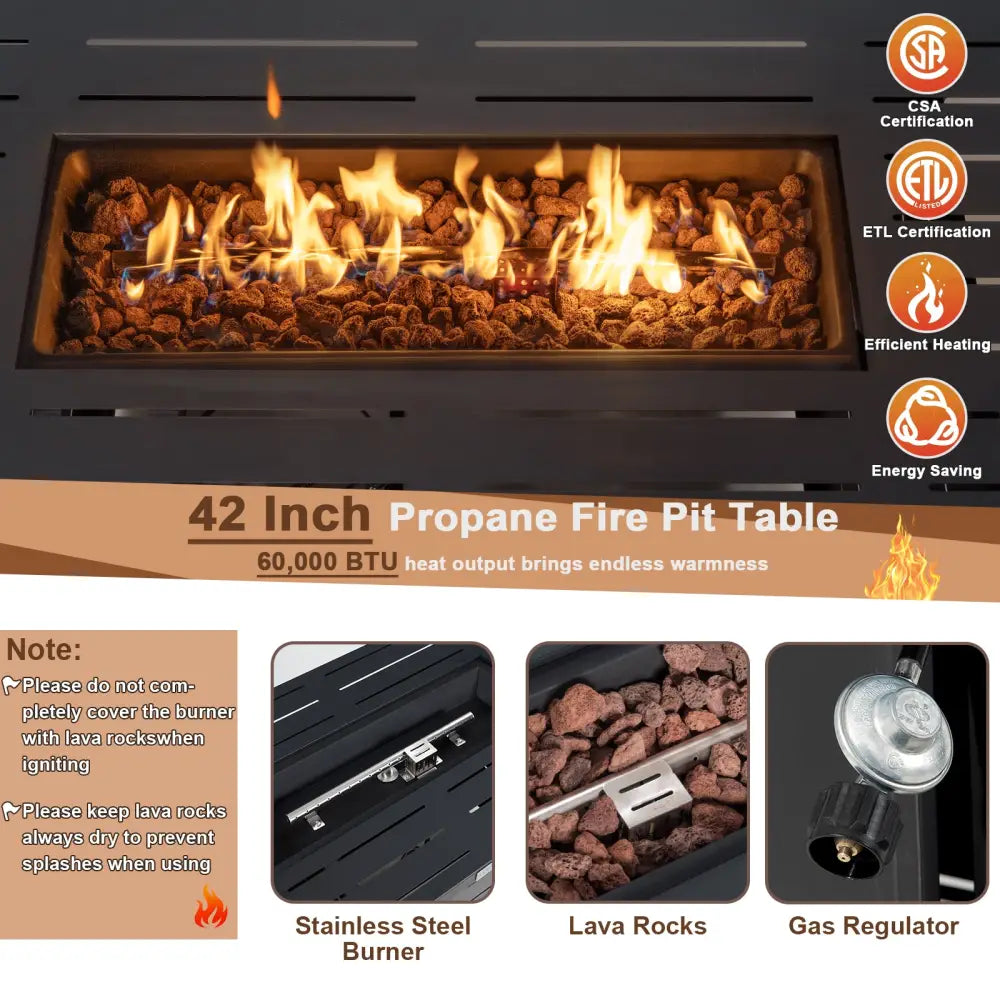 42 Inch 60 000 BTU Rectangular Propane Fire Pit Table with Waterproof Cover - Fire Pit Tables
