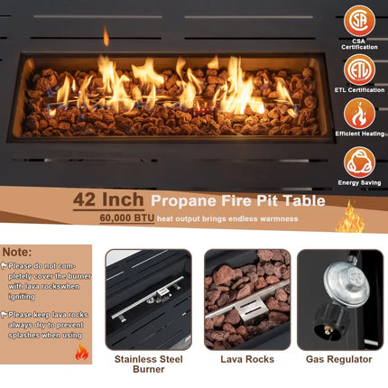 42 Inch 60 000 BTU Rectangular Propane Fire Pit Table with Waterproof Cover - Fire Pit Tables