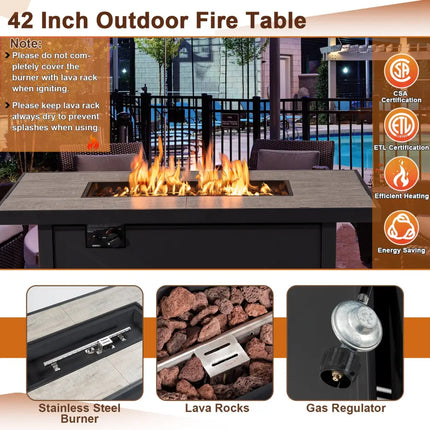 42 Inch 60000 BTU Propane Fire Pit Table with Ceramic Tabletop - Black - Fire Pit Tables
