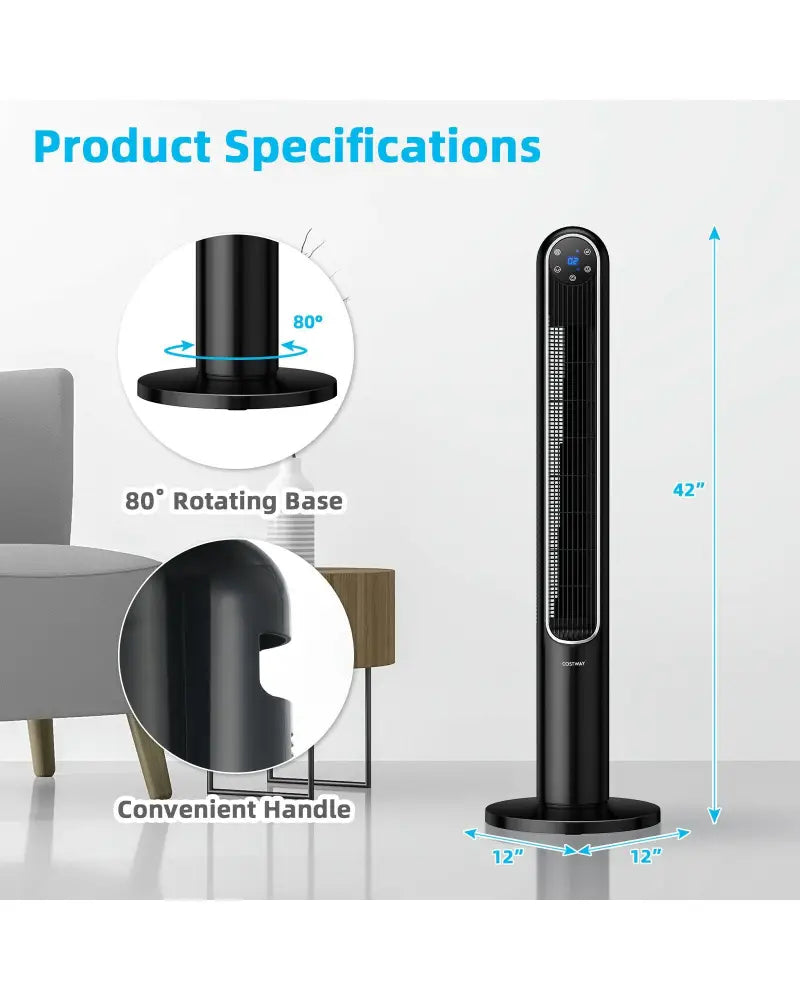 42 Inch 80 Degree Tower Fan with Smart Display Panel and Remote Control-Black - Black - Fans